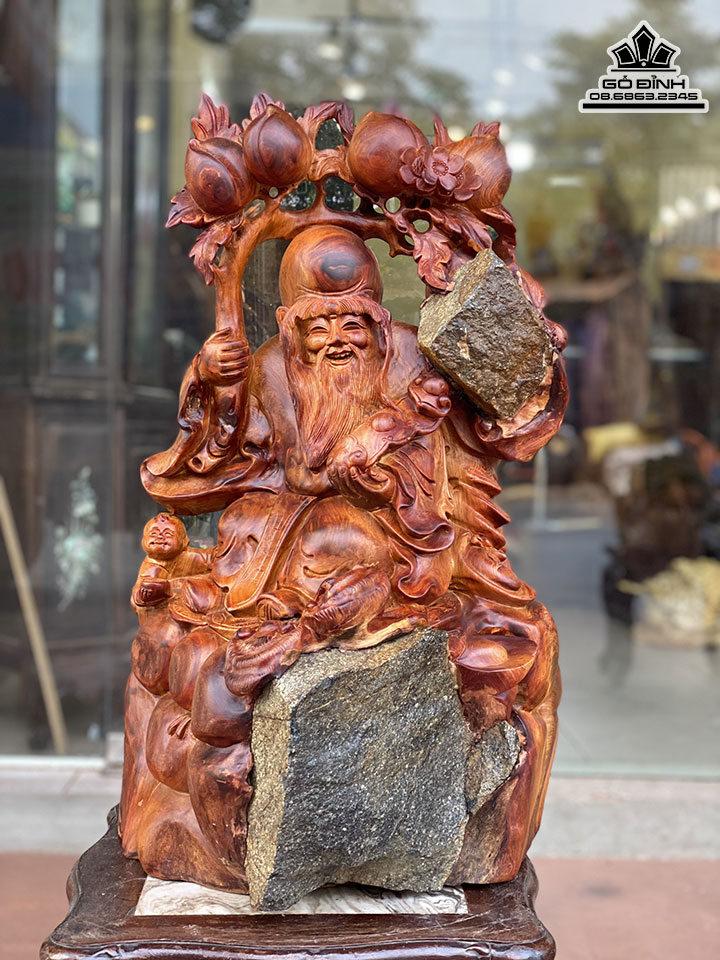 Tượng Cụ Thọ Tiên Gỗ Hương Ôm Đá Cao 62 Ngang 36 Sâu 38 (cm) 0