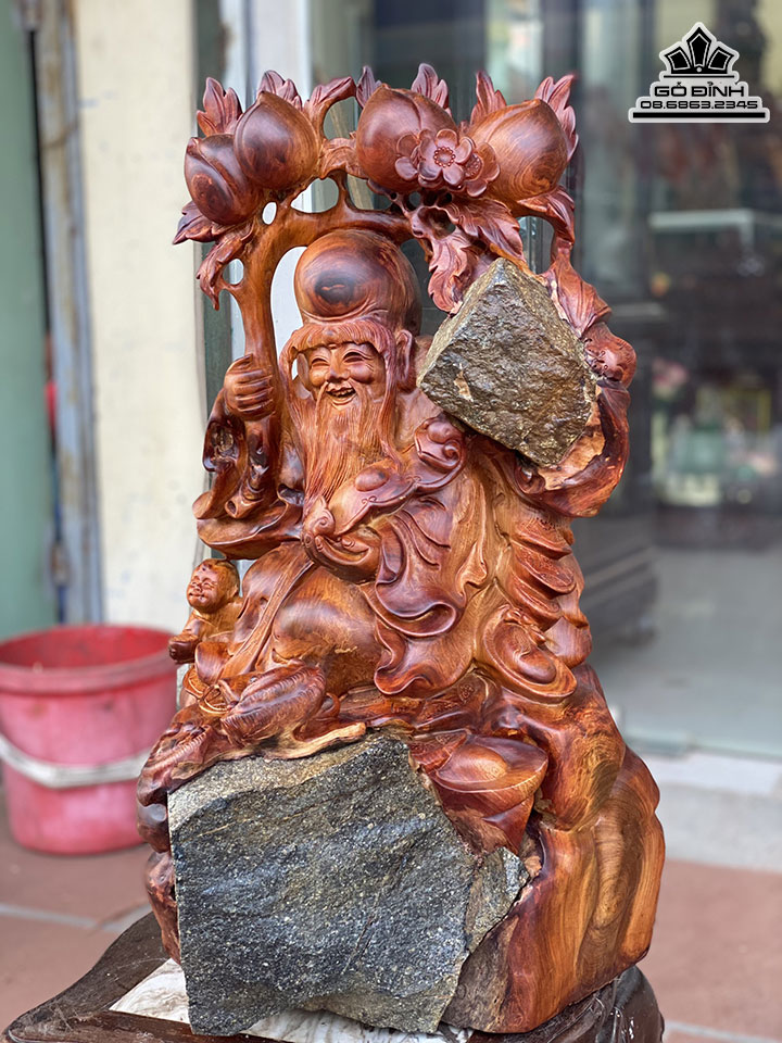 Tượng Cụ Thọ Tiên Gỗ Hương Ôm Đá Cao 62 Ngang 36 Sâu 38 (cm) 3