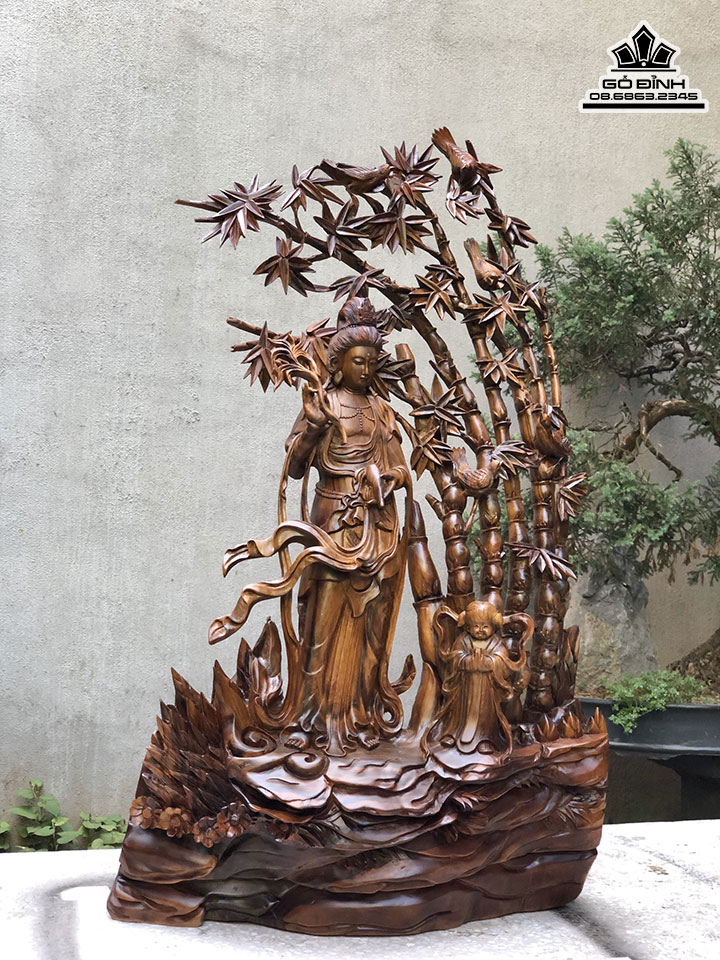 Tượng Phật Quan Âm Gỗ Bách Xanh Cao 90 Ngang 52 Sâu 30 (cm) 1