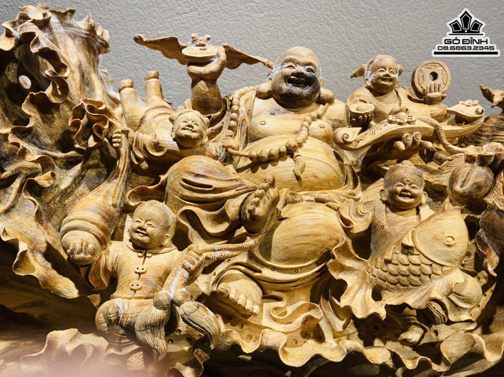 Tượng Phật Di Lặc Ngũ Phúc Gỗ Hoàng Đàn Cao 52 Ngang 66 Sâu 39 (cm)