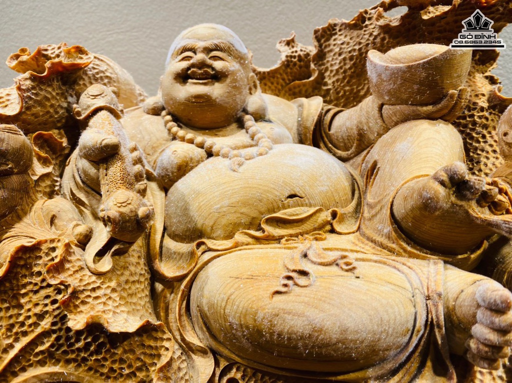 Tượng Di Lặc Tam Phúc Gỗ Hoàng Đàn Cao 30 Ngang 50 Sâu 25 (cm) 2