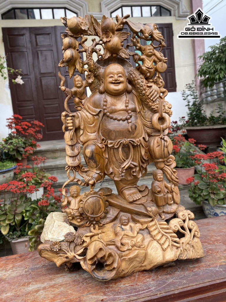 Tượng Phật Di Lặc Vác Cành Đào Gỗ Bách Xanh Cao 106 Ngang 70 Sâu 38 (cm) 0