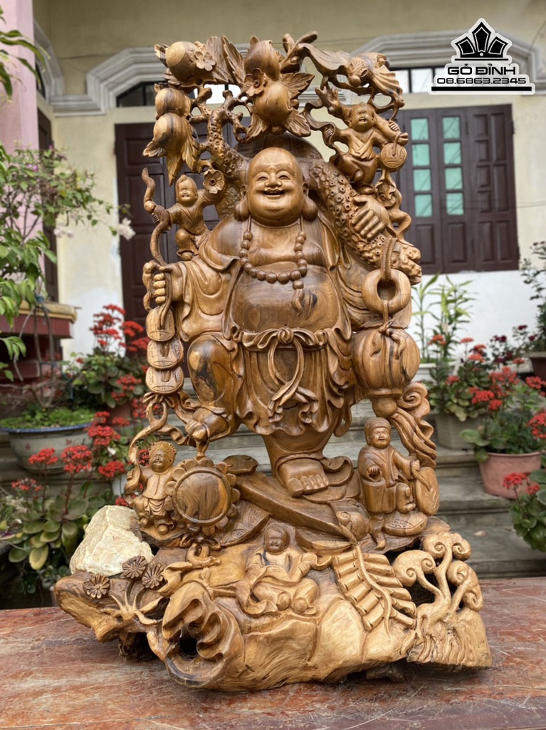 Tượng Phật Di Lặc Vác Cành Đào Gỗ Bách Xanh Cao 106 Ngang 70 Sâu 38 (cm) 4