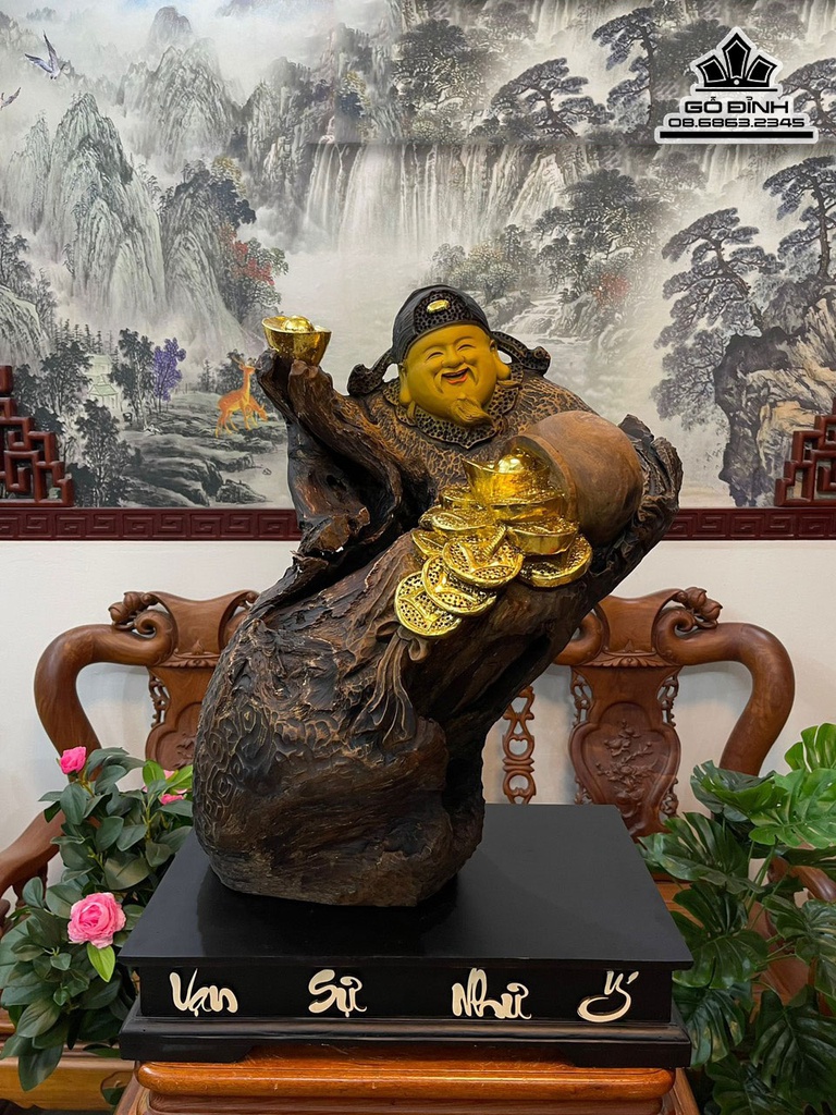 Tượng Thần Tài Gỗ Bách Xanh Cao 60 Ngang 42 Sâu 26 (cm) 0