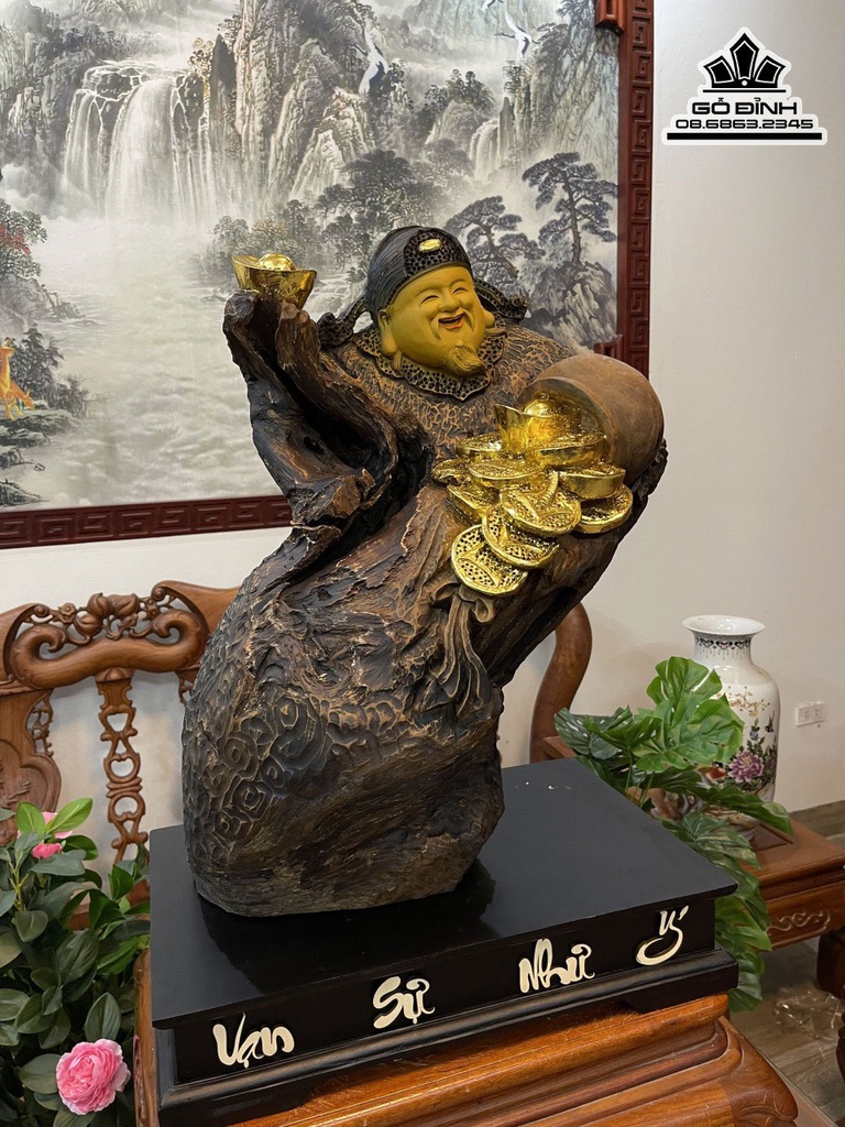 Tượng Thần Tài Gỗ Bách Xanh Cao 60 Ngang 42 Sâu 26 (cm) 2