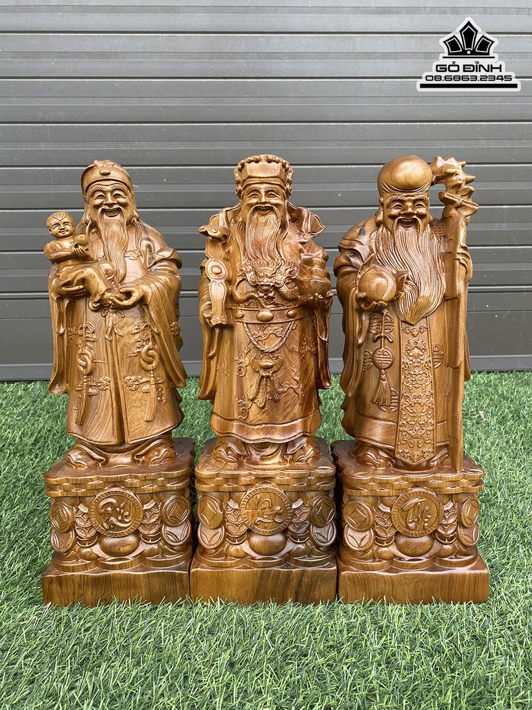 Tượng Phúc Lộc Thọ Gỗ Bách Xanh Cao 39.5 Ngang 12.5 Sâu 11 (cm) 0