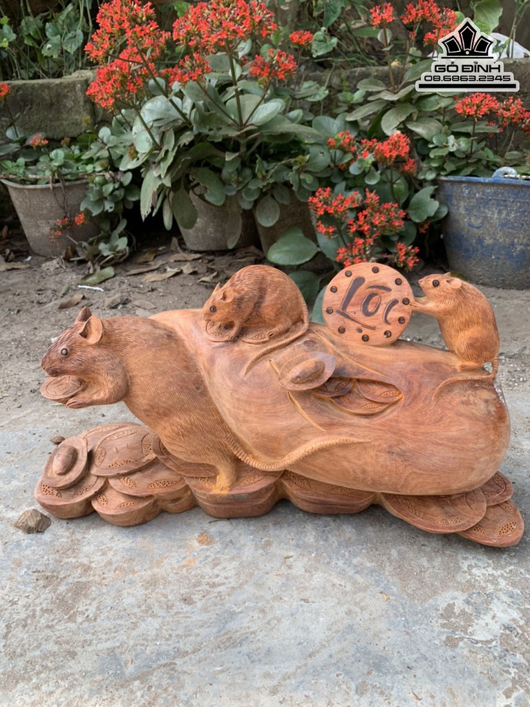 Tượng Chuột Tài Lộc Gỗ Hương Cao 25 Ngang 45 Sâu 20 (cm) 4