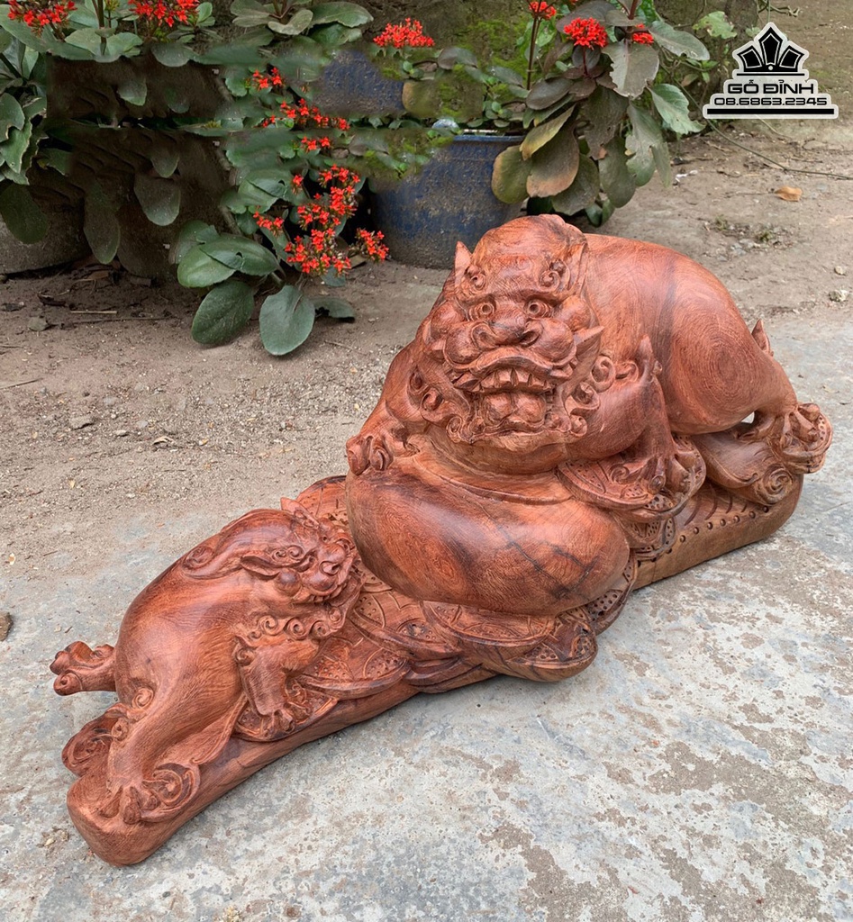 Tượng Nghê Mẫu Tử Gỗ Hương Cao 30 Ngang 60 Sâu 25 (cm) 0