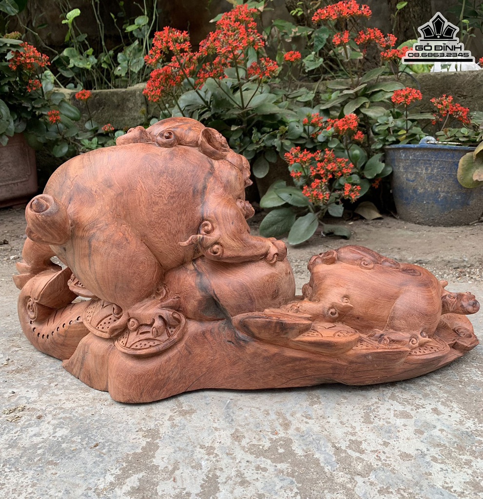 Tượng Nghê Mẫu Tử Gỗ Hương Cao 30 Ngang 60 Sâu 25 (cm) 4