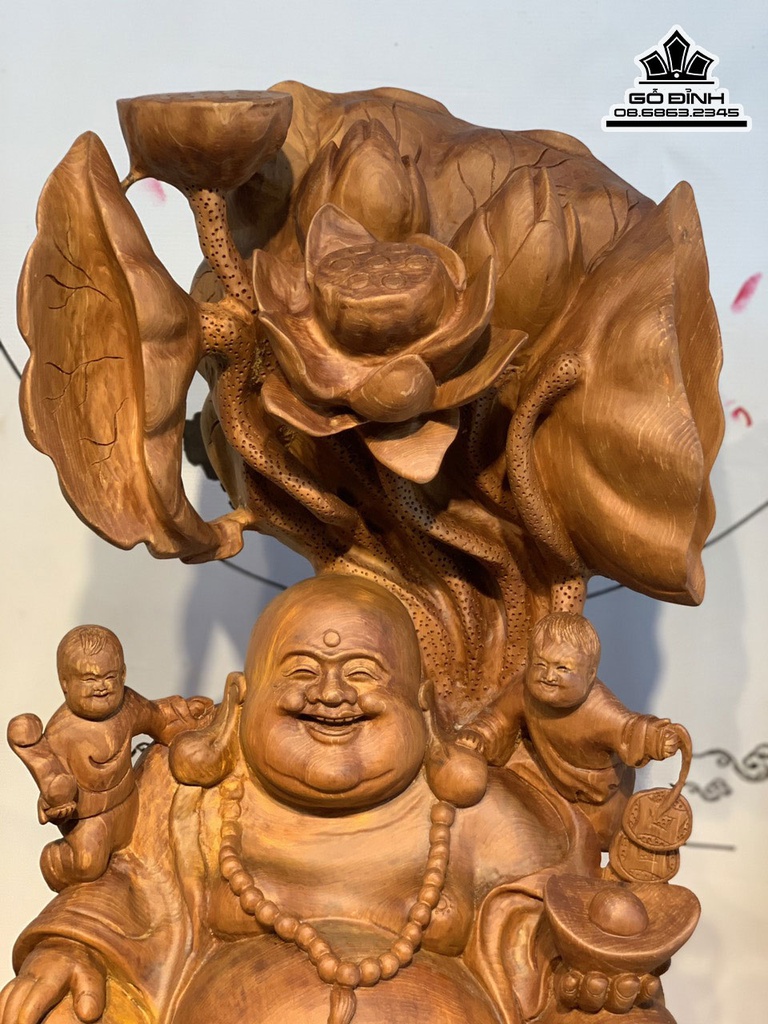 Tượng Phật Di Lặc Tam Phúc Lá Sen Gỗ Ngọc Am Cao 85 Ngang 42 Sâu 25 (cm) 2