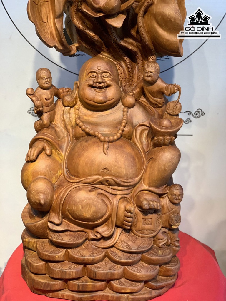 Tượng Phật Di Lặc Tam Phúc Lá Sen Gỗ Ngọc Am Cao 85 Ngang 42 Sâu 25 (cm) 3
