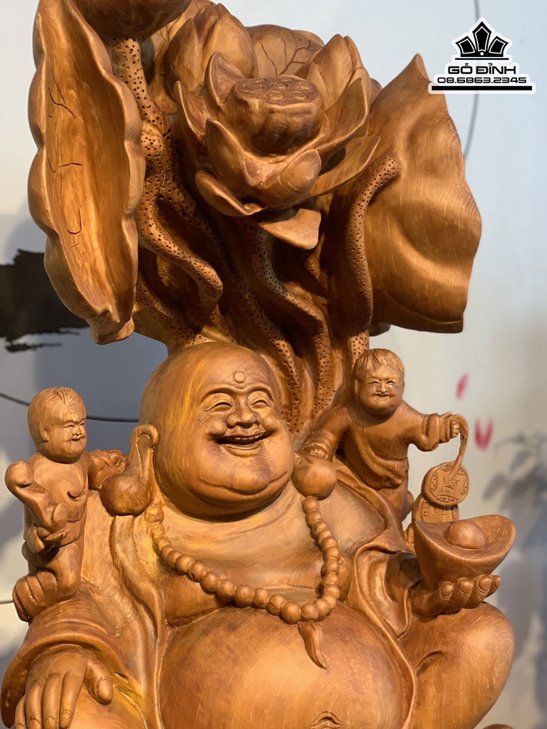 Tượng Phật Di Lặc Tam Phúc Lá Sen Gỗ Ngọc Am Cao 85 Ngang 42 Sâu 25 (cm) 4