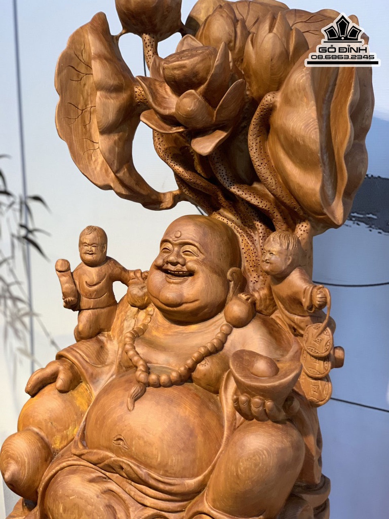 Tượng Phật Di Lặc Tam Phúc Lá Sen Gỗ Ngọc Am Cao 85 Ngang 42 Sâu 25 (cm) 6