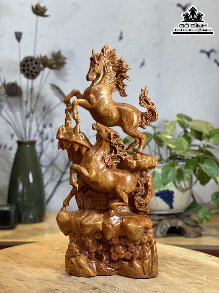 Tượng Ngựa Song Mã Uyên Ương Gỗ Hương Đá Cao 50 Ngang 23 Sâu 12 (cm) 1