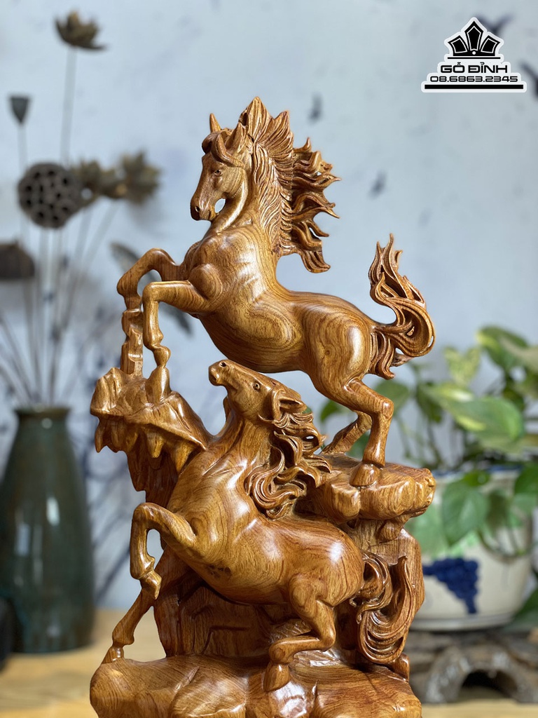 Tượng Ngựa Song Mã Uyên Ương Gỗ Hương Đá Cao 50 Ngang 23 Sâu 12 (cm) 2