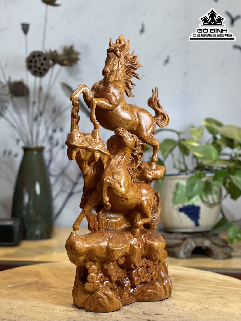 Tượng Ngựa Song Mã Uyên Ương Gỗ Hương Đá Cao 50 Ngang 23 Sâu 12 (cm) 3