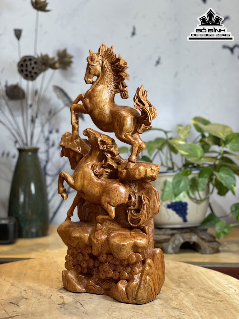 Tượng Ngựa Song Mã Uyên Ương Gỗ Hương Đá Cao 50 Ngang 23 Sâu 12 (cm) 4