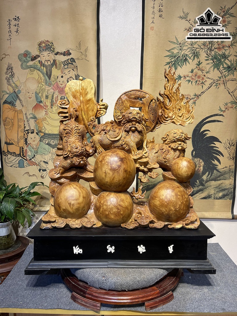 Tượng Nghê (Tam Nghê) Tài Lộc Gỗ Nu Ngọc Am Cao 68 Ngang 63 Sâu 20 (cm) 0