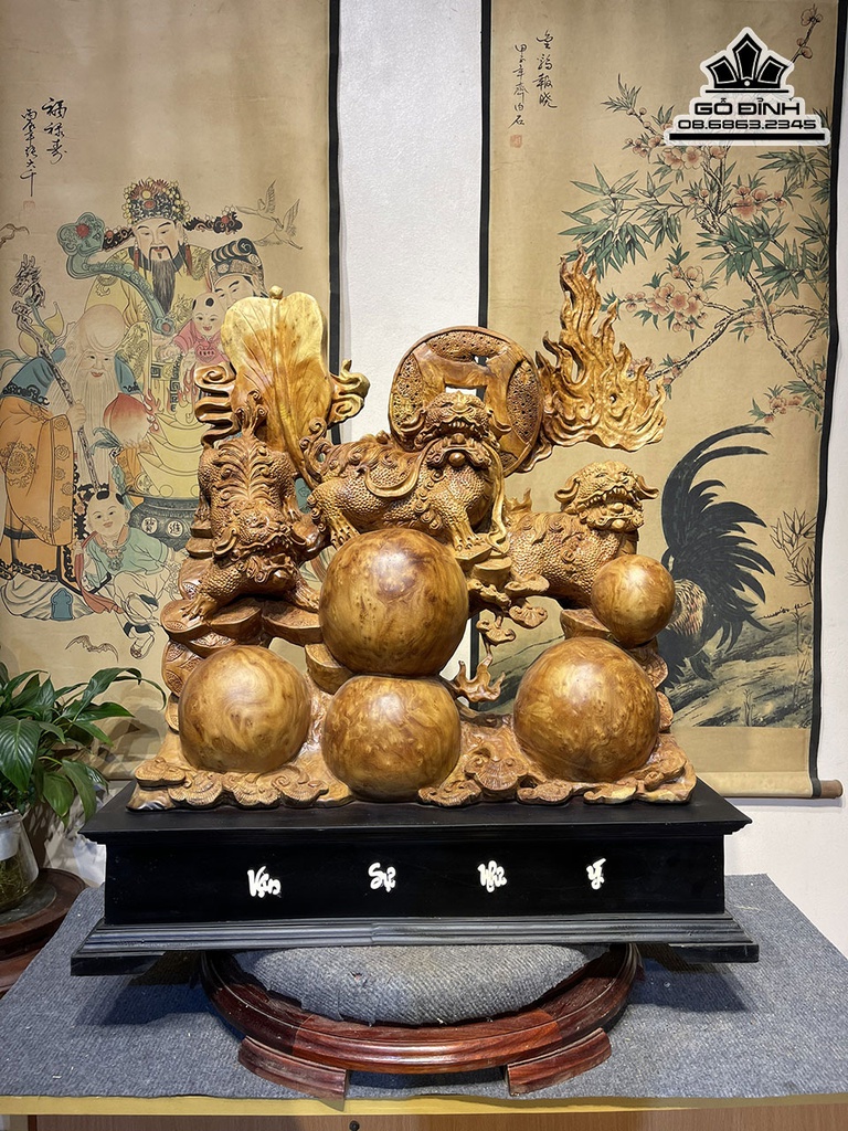 Tượng Nghê (Tam Nghê) Tài Lộc Gỗ Nu Ngọc Am Cao 68 Ngang 63 Sâu 20 (cm) 2