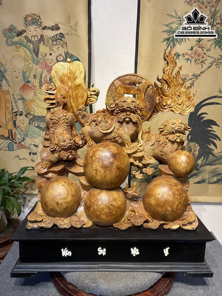 Tượng Nghê (Tam Nghê) Tài Lộc Gỗ Nu Ngọc Am Cao 68 Ngang 63 Sâu 20 (cm) 4