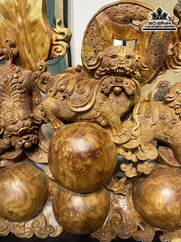 Tượng Nghê (Tam Nghê) Tài Lộc Gỗ Nu Ngọc Am Cao 68 Ngang 63 Sâu 20 (cm) 6
