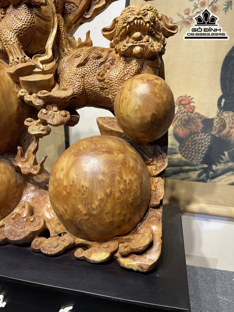 Tượng Nghê (Tam Nghê) Tài Lộc Gỗ Nu Ngọc Am Cao 68 Ngang 63 Sâu 20 (cm)