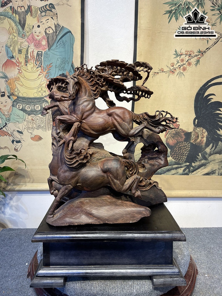 Tượng Ngựa Song Mã Uyên Ương Gỗ Trắc Cao 44 Ngang 40 Sâu 28 (cm) 0