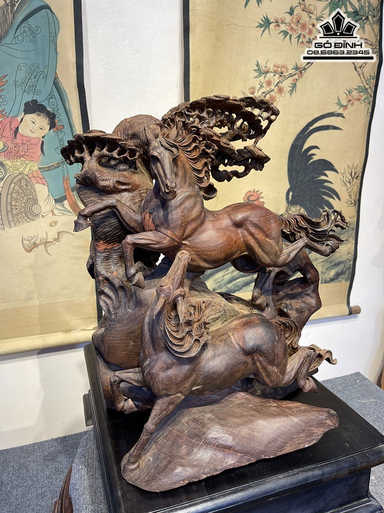 Tượng Ngựa Song Mã Uyên Ương Gỗ Trắc Cao 44 Ngang 40 Sâu 28 (cm) 2