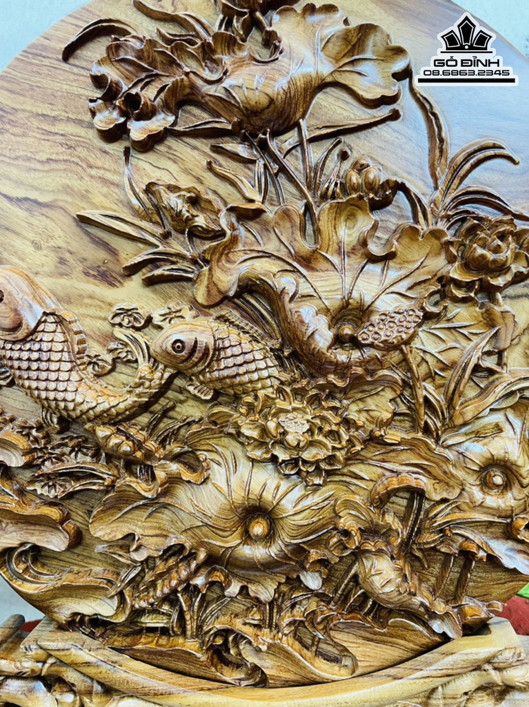 Tranh Gỗ Đĩa Sen Cá Gỗ Hương Cao 52 Đường Kính 40 0
