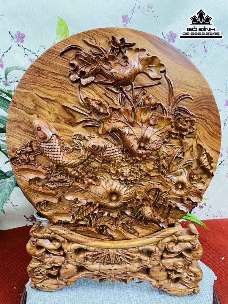 Tranh Gỗ Đĩa Sen Cá Gỗ Hương Cao 52 Đường Kính 40 1