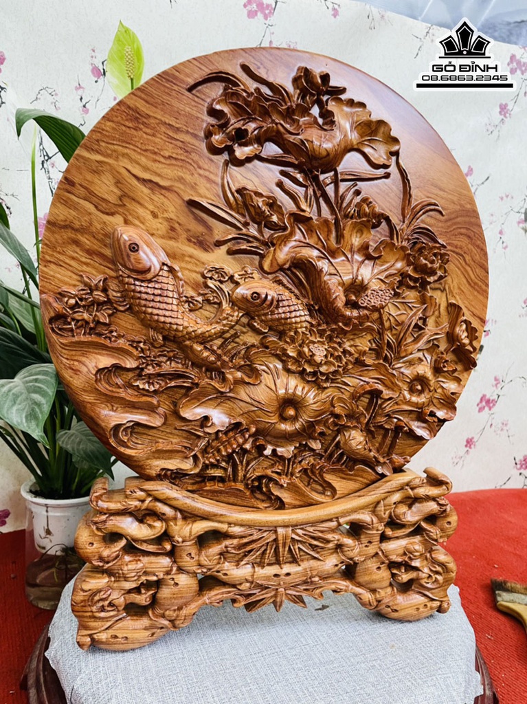 Tranh Gỗ Đĩa Sen Cá Gỗ Hương Cao 52 Đường Kính 40 2