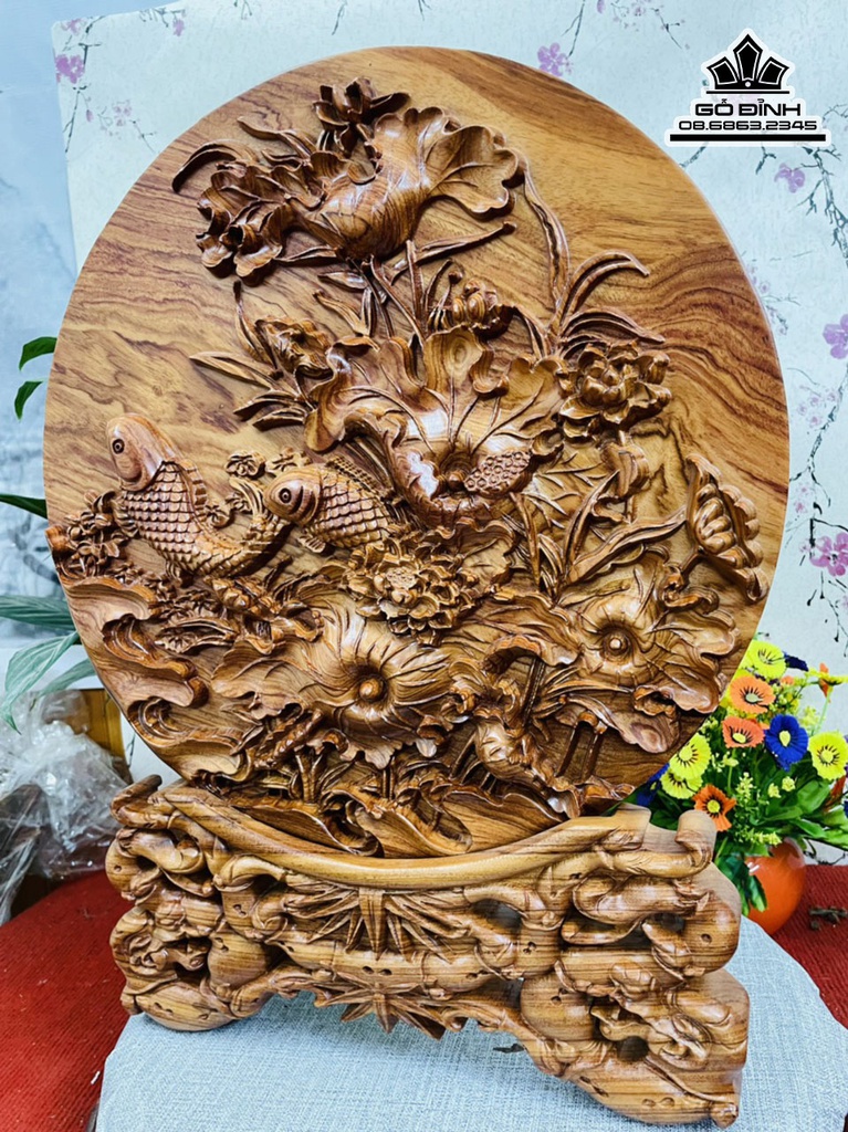 Tranh Gỗ Đĩa Sen Cá Gỗ Hương Cao 52 Đường Kính 40 4