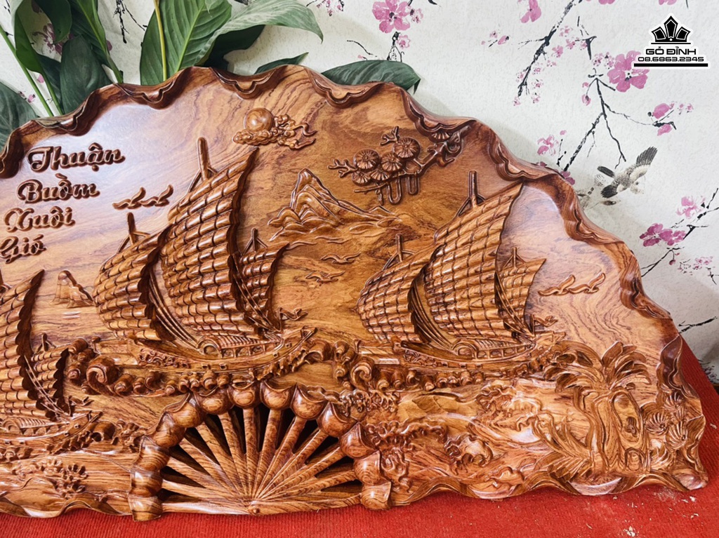 Tranh Gỗ Tranh Quạt Thuận Buồm Xuôi Gió Gỗ Hương Đá Cao 50 Ngang 100 Dày 4 (cm) 2