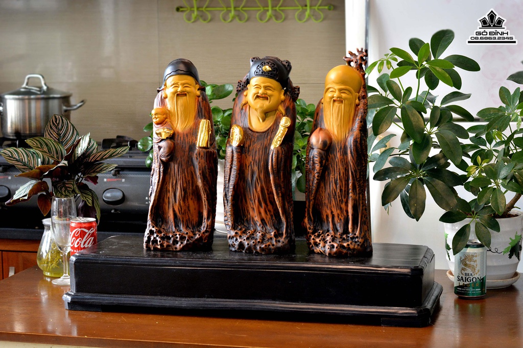 Tượng Phúc Lộc Thọ (Tam Đa) Gỗ Bách Xanh Cao 50 Ngang 12 Sâu 12 (cm) 1