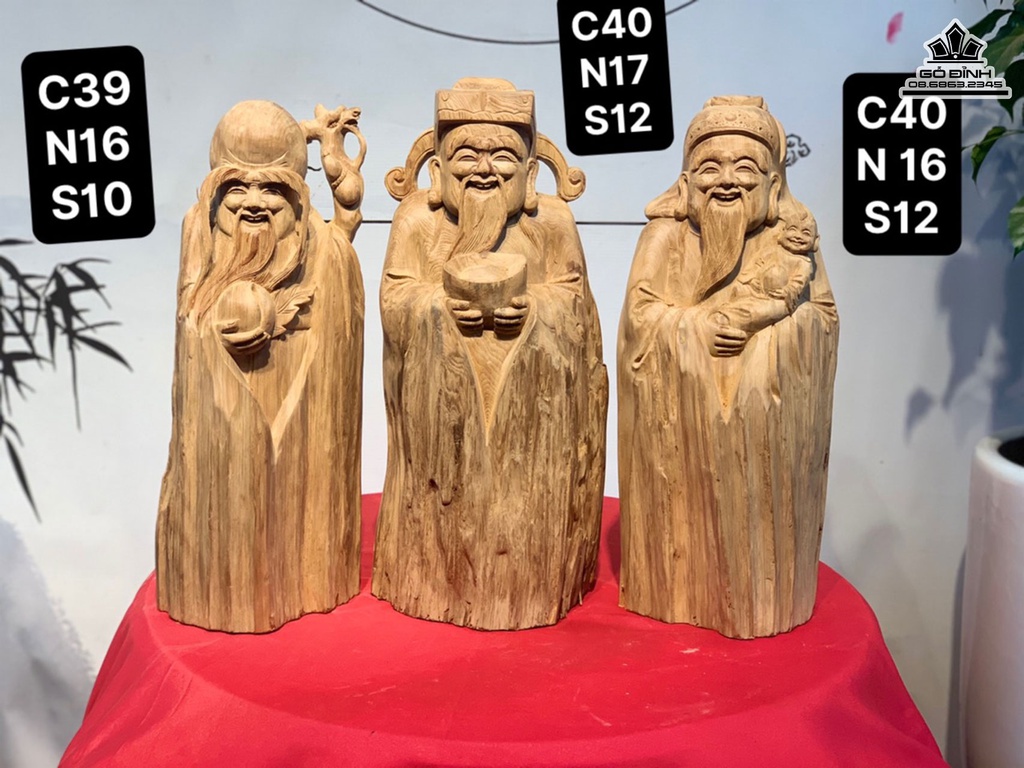 Tượng Phúc Lộc Thọ (Tam Đa) Gỗ Ngọc Am Cao 39-40 Ngang 16-17 Sâu 10-12 (cm) 5