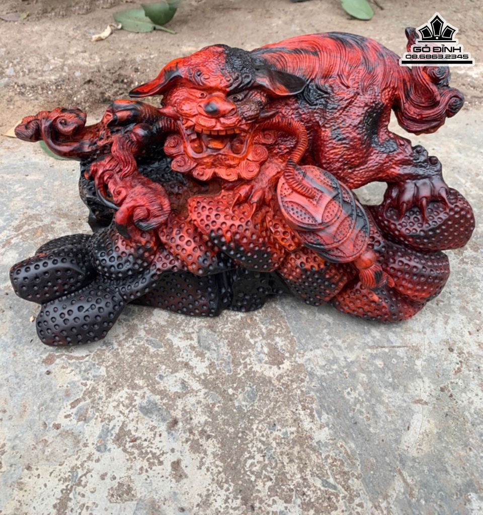 Tượng Lân Sư Gỗ Trắc Đỏ Đen Cao 20 Ngang 36 Sâu 20 (cm) 0