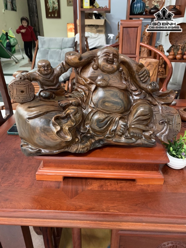 Tượng Phật Di Lặc Gỗ Bách Xanh Cao 26 Ngang 46 Sâu 18 (cm) 5