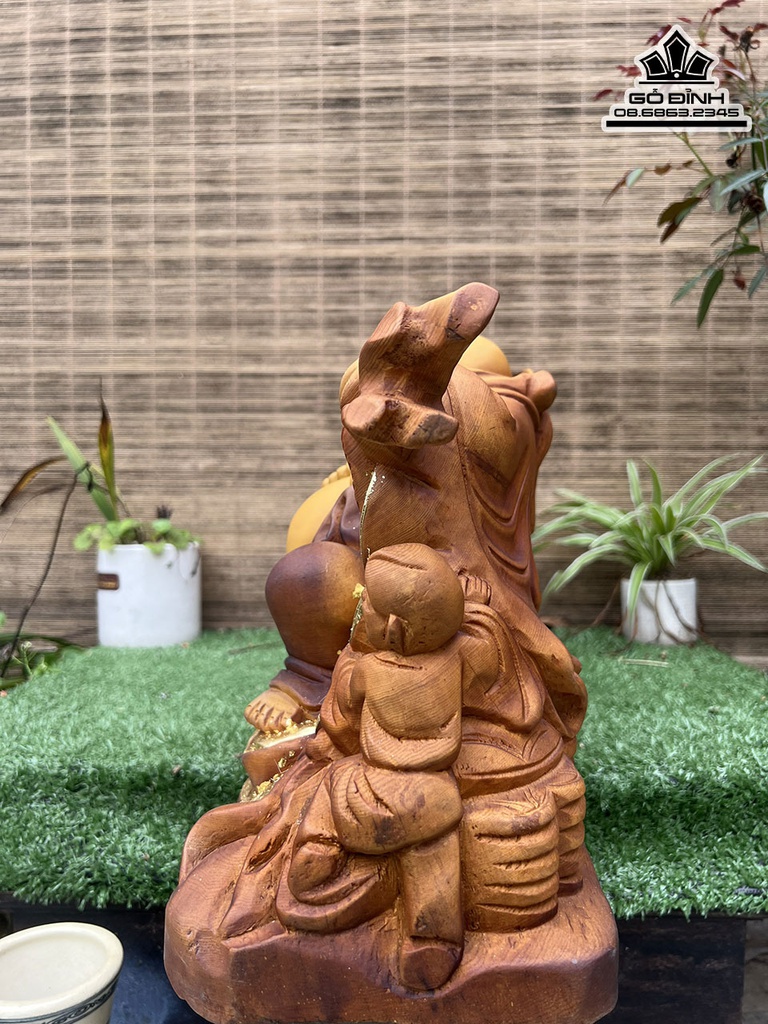 Tượng Phật Di Lặc Kéo Bao Tiền Gỗ Pơ Mu Cao 23 Ngang 71 Sâu 16 (cm) 1