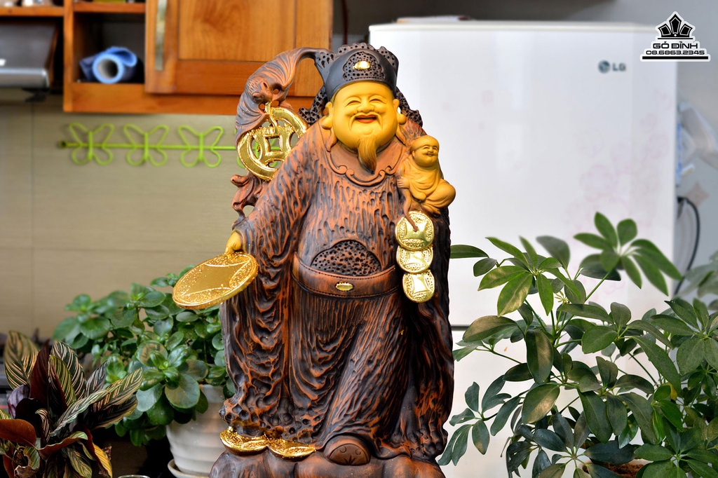 Tượng Thần Tài Gỗ Bách Xanh Cao 82 Ngang 33 Sâu 11 (cm) 4