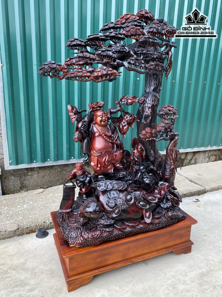 Tượng Phật Di Lặc Tam Phúc Đứng Gốc Tùng Gỗ Trắc Cao 131 Ngang 75 Sâu 40 (cm) 0