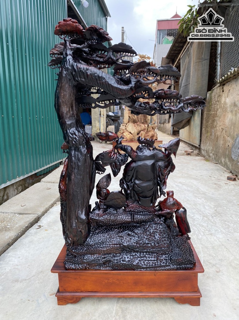 Tượng Phật Di Lặc Tam Phúc Đứng Gốc Tùng Gỗ Trắc Cao 131 Ngang 75 Sâu 40 (cm) 2