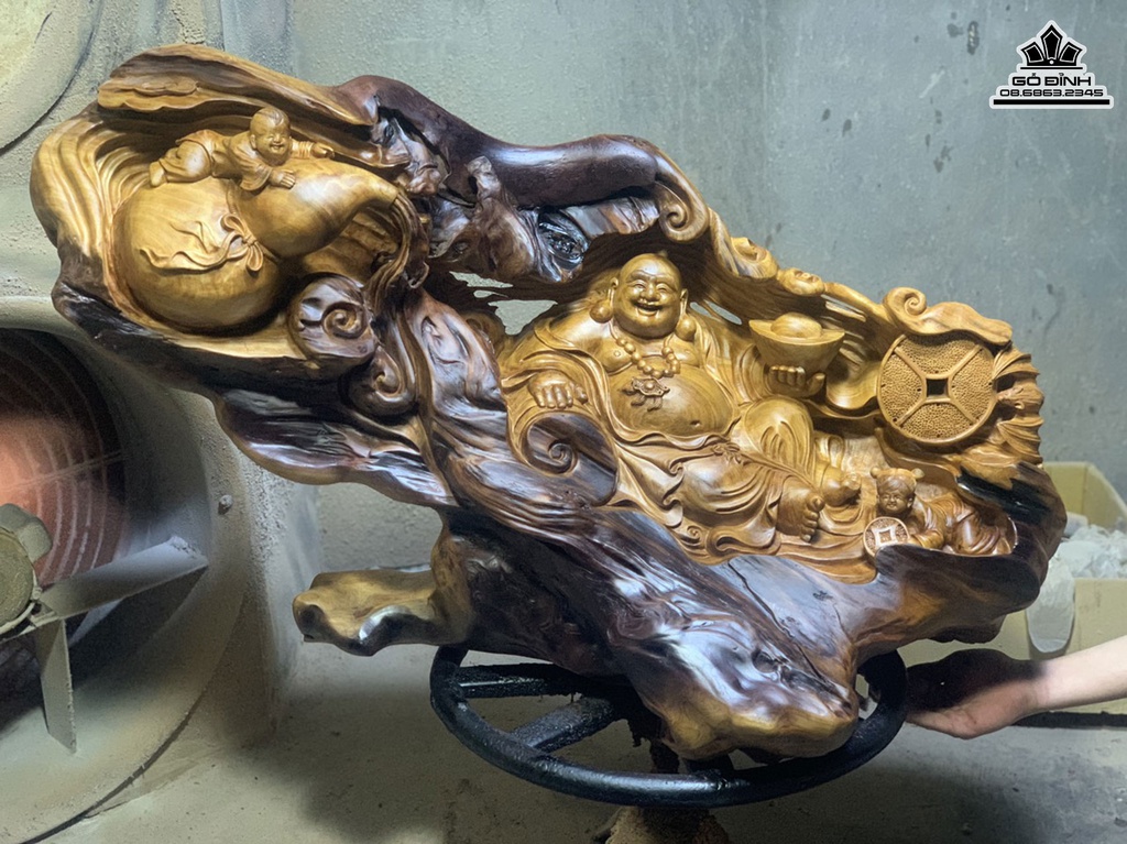 Tượng Di Lặc Nhị Phúc Gỗ Ngọc Am Liền Khối Cao 60 Ngang 95 Sâu 40 (cm) 0