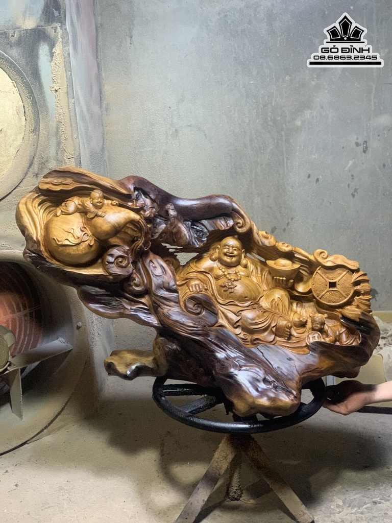 Tượng Di Lặc Nhị Phúc Gỗ Ngọc Am Liền Khối Cao 60 Ngang 95 Sâu 40 (cm) 1