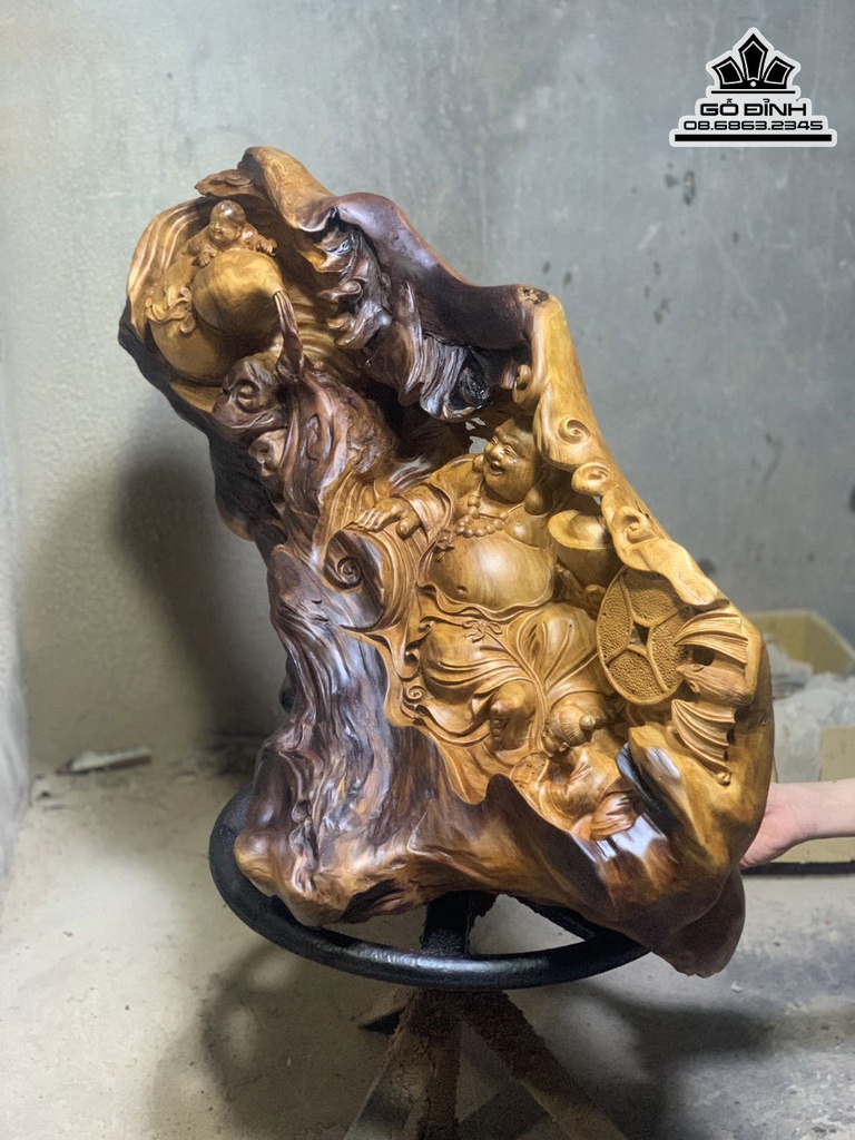 Tượng Di Lặc Nhị Phúc Gỗ Ngọc Am Liền Khối Cao 60 Ngang 95 Sâu 40 (cm) 2