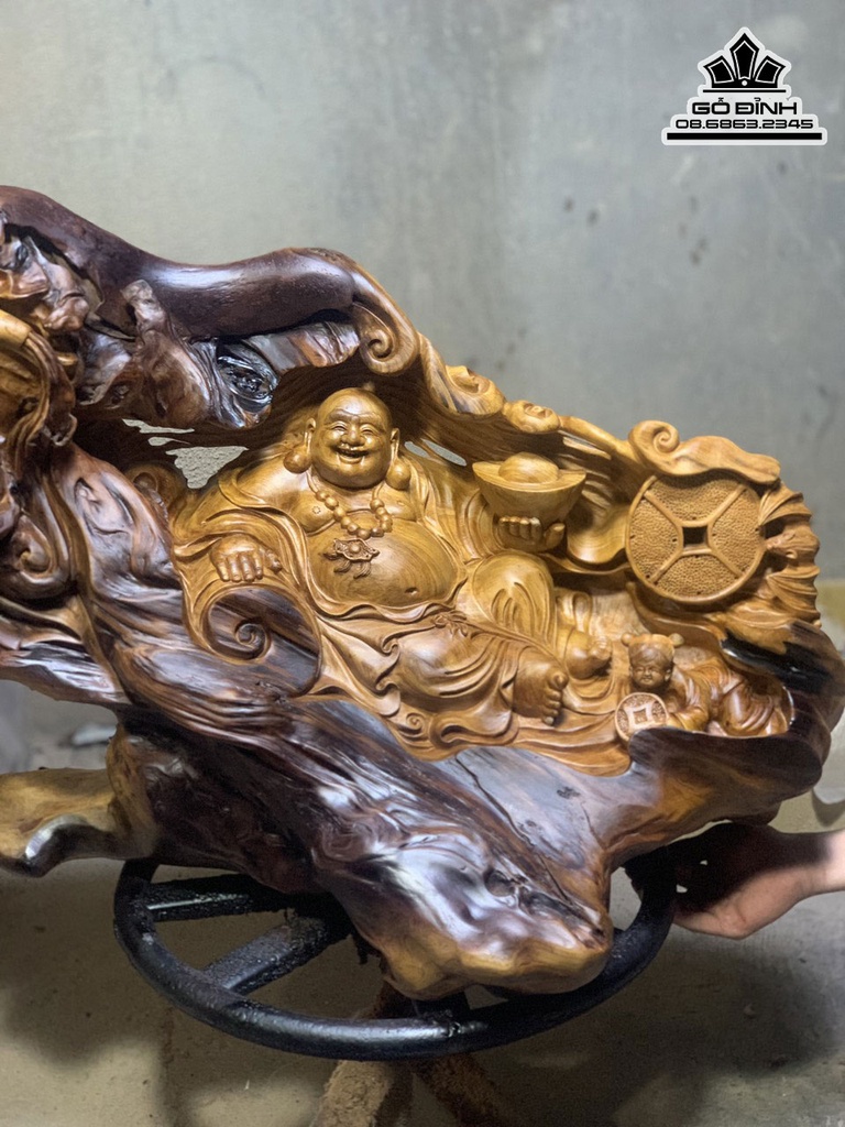 Tượng Di Lặc Nhị Phúc Gỗ Ngọc Am Liền Khối Cao 60 Ngang 95 Sâu 40 (cm)6