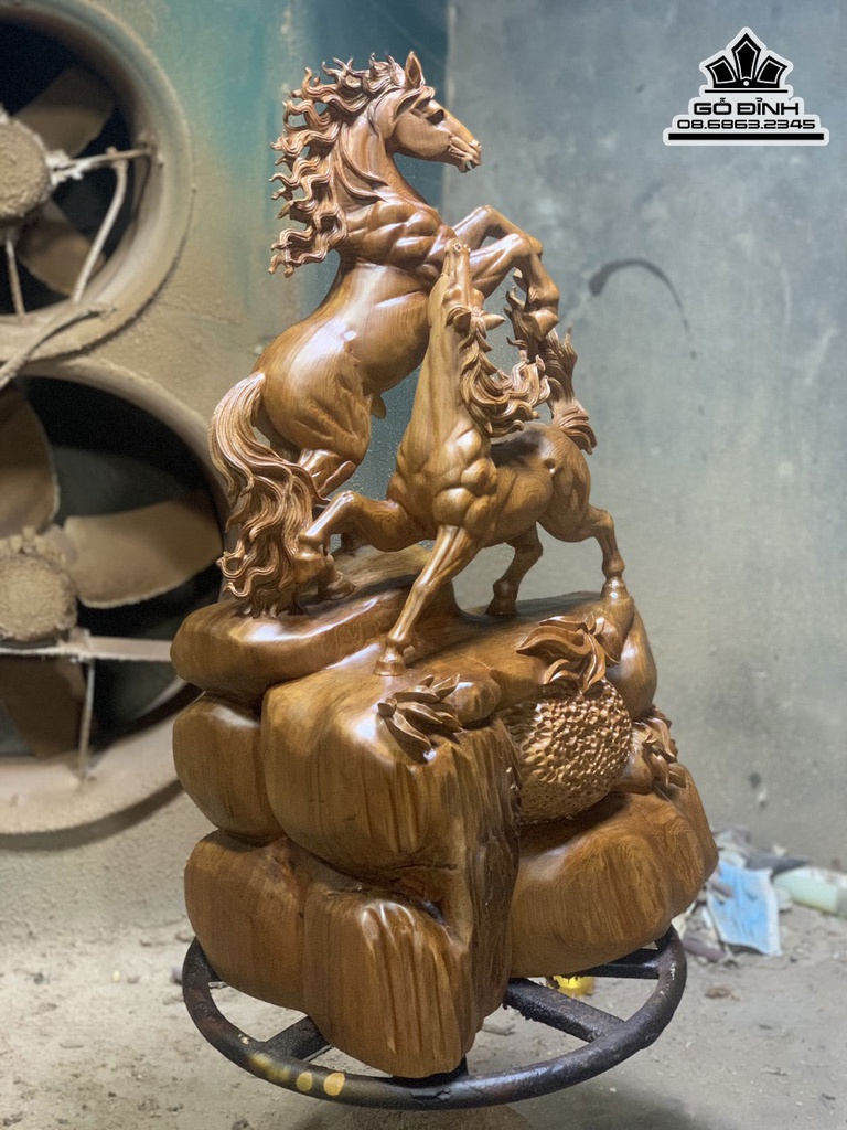 Tượng Song Mã Gỗ Ngọc Am Liền Khối Cao 83 Ngang 55 Sâu 34 (cm) 1