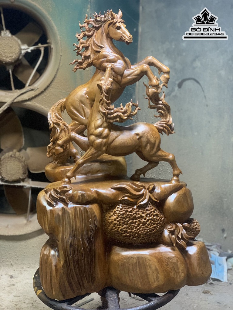 Tượng Song Mã Gỗ Ngọc Am Liền Khối Cao 83 Ngang 55 Sâu 34 (cm) 2