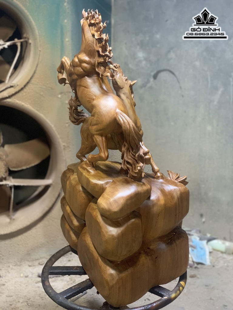 Tượng Song Mã Gỗ Ngọc Am Liền Khối Cao 83 Ngang 55 Sâu 34 (cm) 3