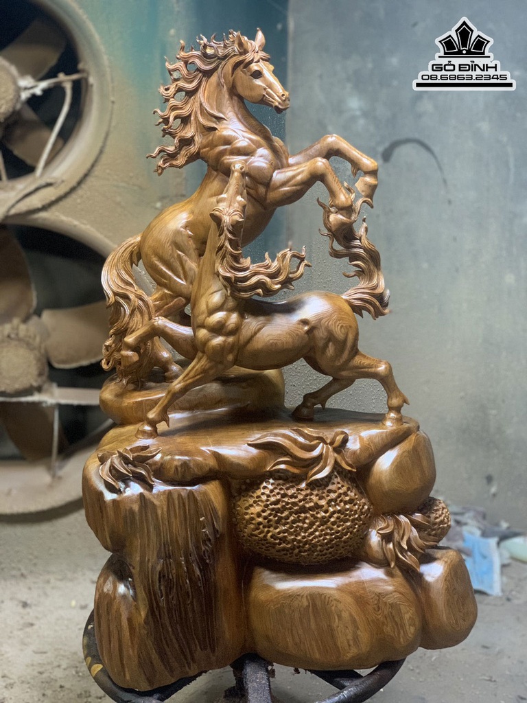 Tượng Song Mã Gỗ Ngọc Am Liền Khối Cao 83 Ngang 55 Sâu 34 (cm) 5