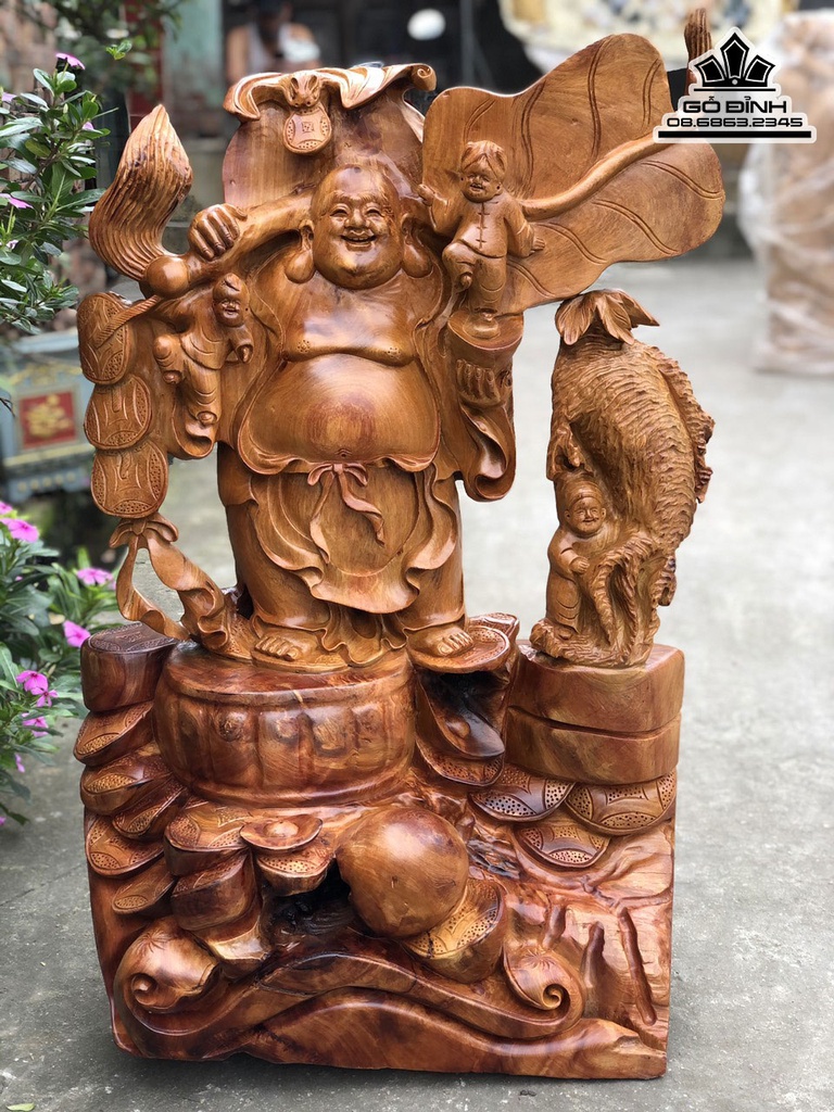 Tượng Di Lặc Vác Quạt Ba Tiêu Gỗ Hương Gia Lai Cao 85 Ngang 58 Sâu 28 (cm) 2